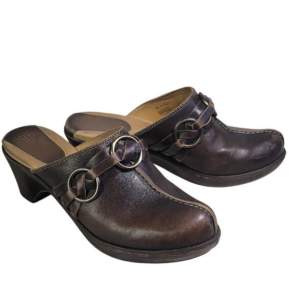 Frye Cheryl Triple Ring Harness Brown Leather Slip On Clogs Womens Size 7 - Picture 1 of 16